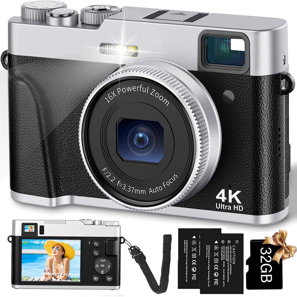 4K Digital Camera for Photography with Viewfinder 48MP Vlogging Camera for Youtube with 32GB Card 16X Autofocus Anti-Shake Travel Portable Video Camera Camcorder