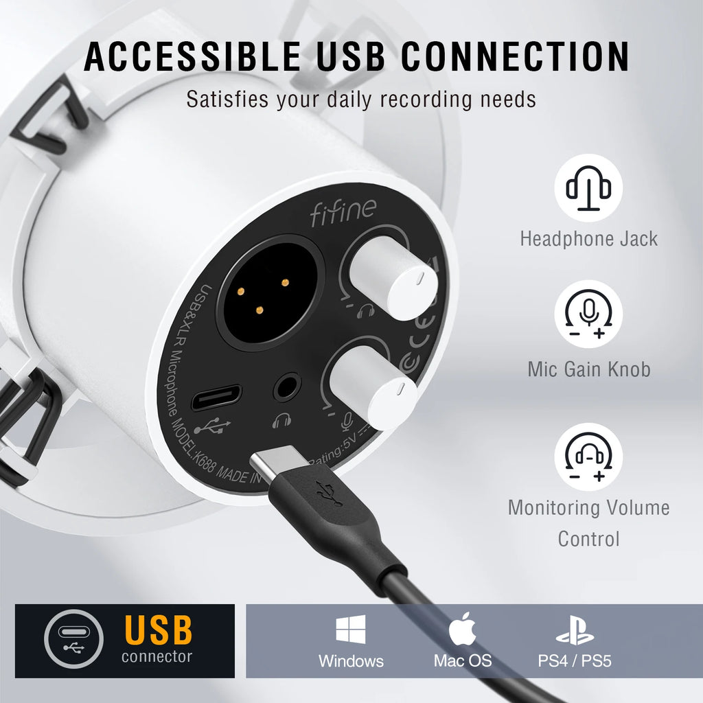 FIFINE Recording XLR Dynamic Microphone with Real-time Monitoring,USB Streaming Mic with Gain Knob/Touch-mute for PC,Mixer-K688