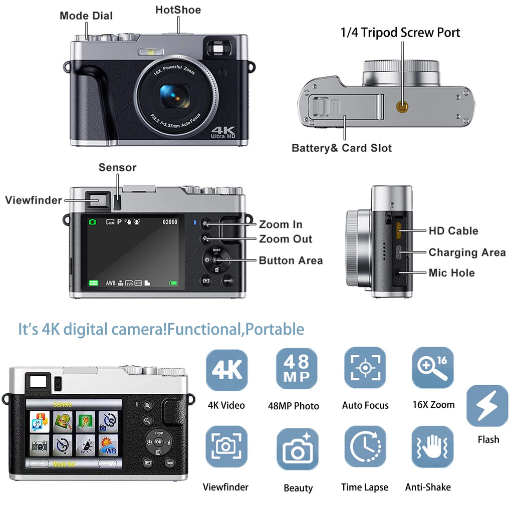 4K Digital Camera for Photography with Viewfinder 48MP Vlogging Camera for Youtube with 32GB Card 16X Autofocus Anti-Shake Travel Portable Video Camera Camcorder
