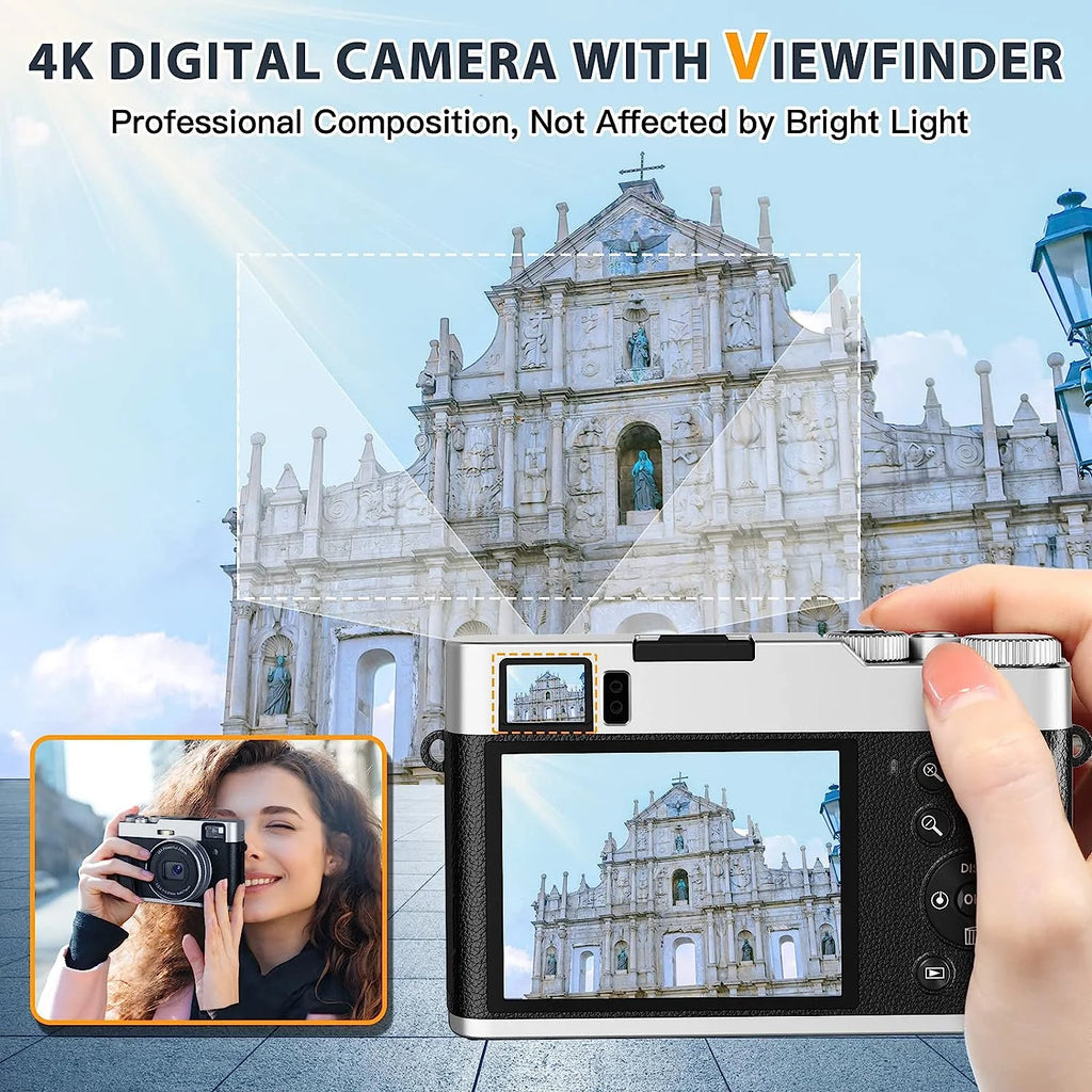 4K Digital Camera for Photography with Viewfinder 48MP Vlogging Camera for Youtube with 32GB Card 16X Autofocus Anti-Shake Travel Portable Video Camera Camcorder
