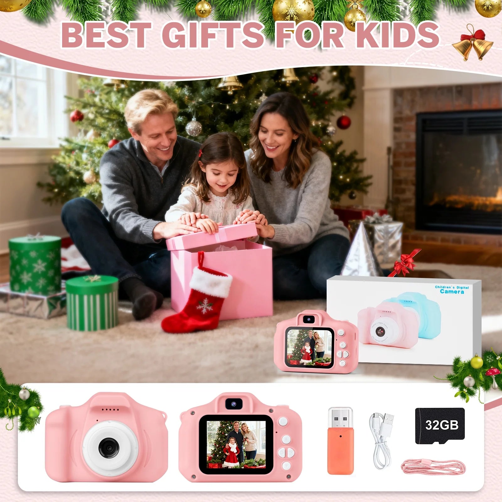 Kids Camera for Girls Boys 32GB 1080HD Selfie Digital Cameras Video Toddler Toys Christmas Birthday Gift Age 3-10, Pink